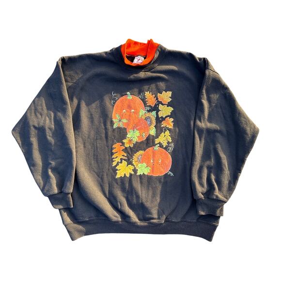 Vintage 90s pumpkin Patch Ginnis Girl sweatshirt Black orange made in USA XL - Picture 1 of 5